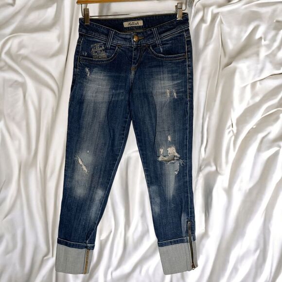 Killah Women's size 26 Blue stretch distressed Cropped Zip ankle Skinny mid rise - Picture 1 of 12